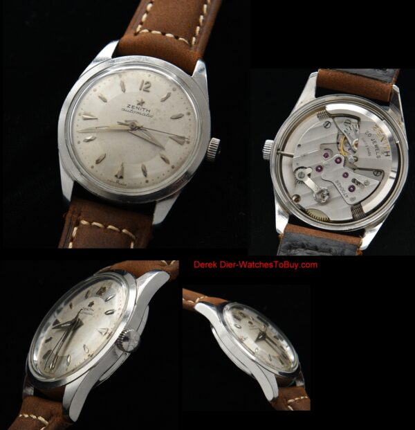 1960s Zenith 33mm stainless steel watch with original two-tone bullseye dial, Dauphine hands, crown, and fine automatic winding movement.