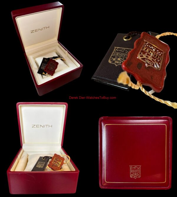 This is a modern circa 2000 Zenith watch box that measures 5x5" and comes with two hang tags as new.