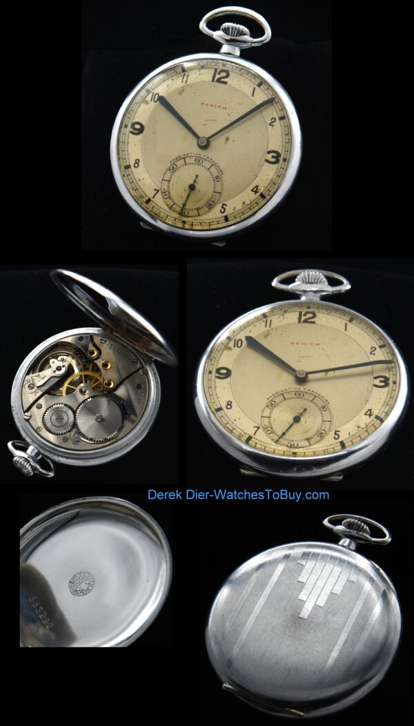 1930s Zenith 45.5mm stainless steel pocket watch with original art deco dial, chrome case, manual winding movement, and blued steel hands.