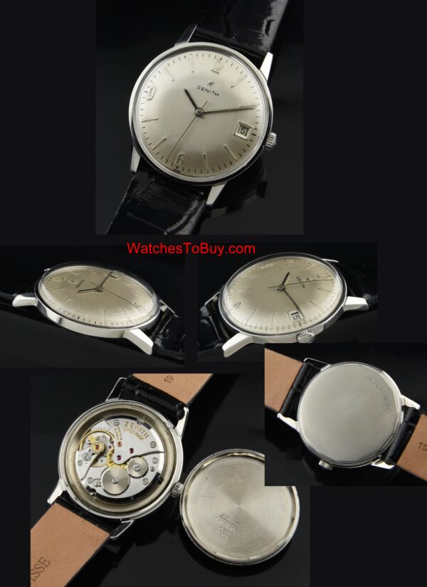 1960s Zenith stainless steel watch with original winding crown, restored dial, raised numerals, markers, and clean manual winding movement.