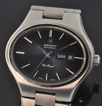 1970s Zenith Port Royal stainless steel watch with original elliptically shaped case, midnight-black dial, day/date, and automatic movement.
