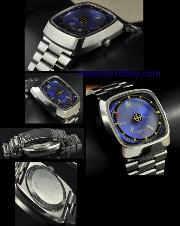 Zodiac Astrographic SST stainless steel watch with original azure-blue mystery dial, mineral-glass crystal, and automatic winding movement.