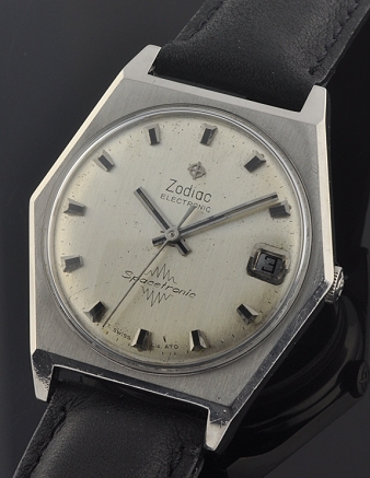 1970s Zodiac Spacetronic stainless steel watch with original exhibition case back, dial, hands, and cleaned ESA Dynatron 9150 movement.