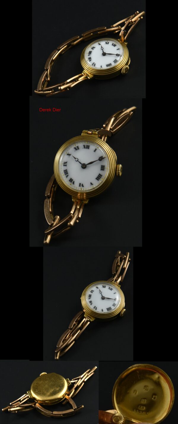 1920s 18k solid-gold ladies cocktail watch with original stepped bezel, Roman numeral porcelain dial, bracelet, and manual winding movement.