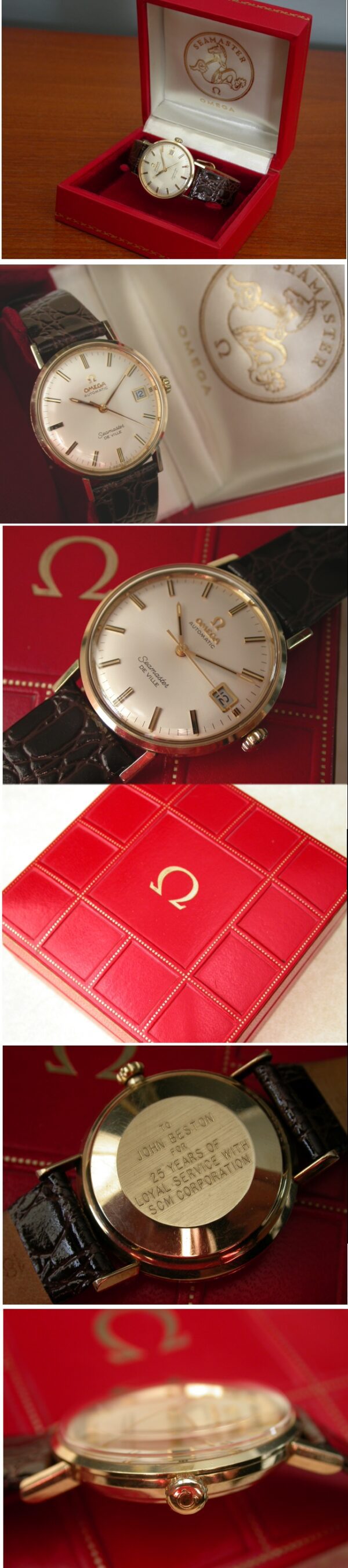 1960s Omega Seamaster De Ville gold-capped watch with original rare box, signed crown, crystal, and cleaned automatic winding movement.
