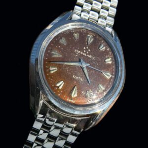1960s Eterna-Matic KonTiki stainless steel watch with original aged dial, Dauphine hands, Gay Frères bracelet, and clean automatic movement.