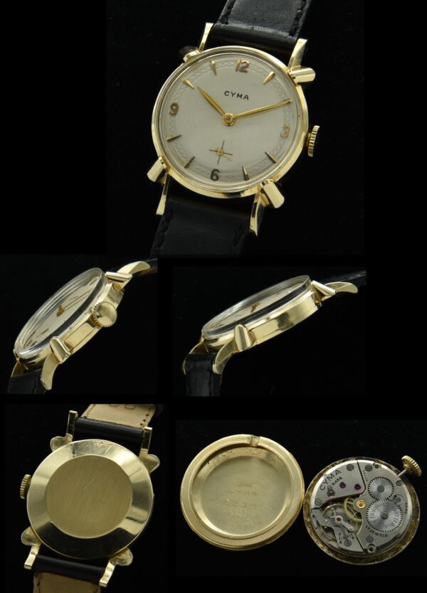 1950s Cyma 14k solid-gold watch with original smaller size, fancy lugs, case, diamond-pattern dial, and cleaned, accurate Swiss movement.