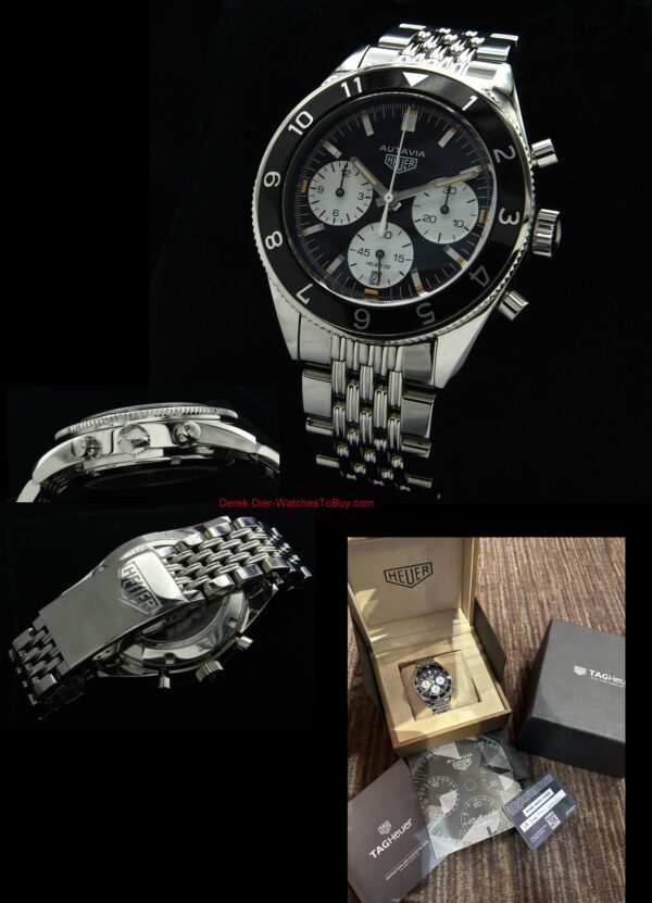 2021 Heuer Autavia Heritage stainless steel chronograph watch with original box, papers, extra links, minor scuffs, and accurate movement.