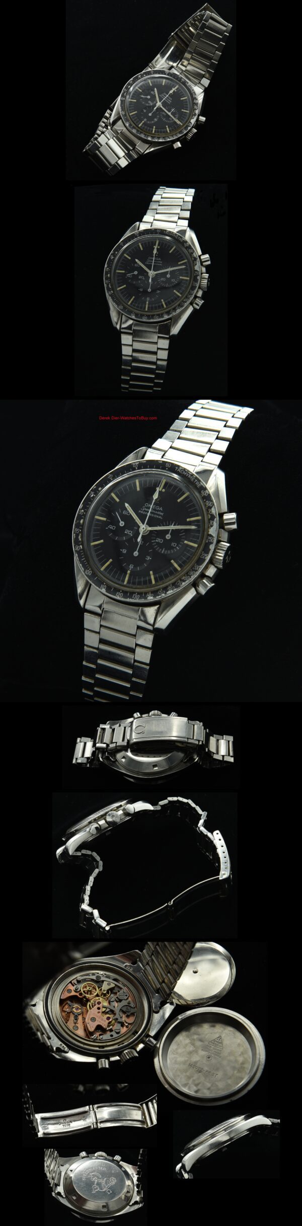 1968 Omega Speedmaster stainless steel chronograph watch with original logo dial, bezel, lyre lugs, hands, lume, and caliber 861 movement.