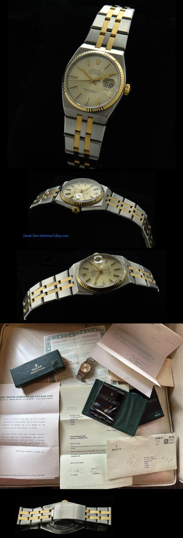 1980 Rolex Datejust Oysterquartz gold and steel watch with original papers, service box, case, tight bracelet, and accurate quartz movement.