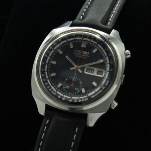 1969 Seiko 6139 stainless steel chronograph watch with original black pulsations dial, recessed crown, and clean automatic winding movement.