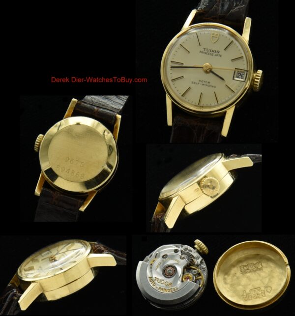 1970s Tudor Princess 19mm 18k solid-gold ladies watch with original quick-set date feature, crown, and serviced automatic Rolex movement.