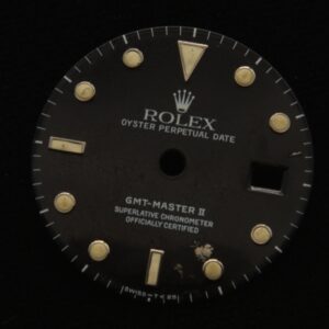 This original glossy Rolex GMT dial for the 16760 or 16710 has some flaking near 5:00 & 2:00; otherwise, nice vanilla lume.