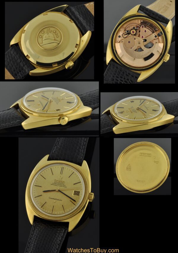 1968 Omega Constellation C 18k solid-gold watch with original winding crown, dial, markers, pencil hands, and chronometer-grade movement.
