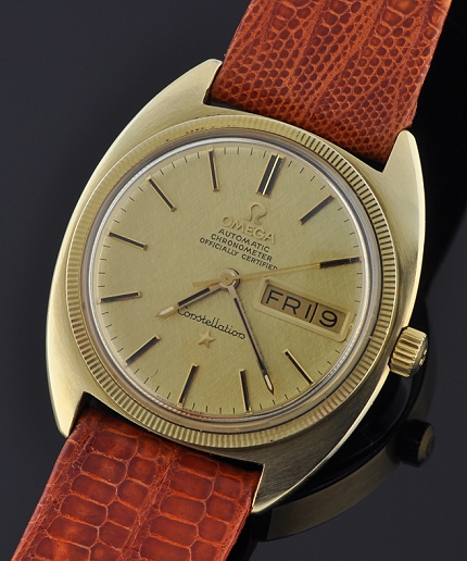 1973 Omega Constellation C gold-capped watch with original scratchless case, bezel, winding crown, and clean caliber 751 automatic movement.