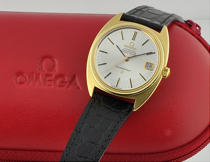 1966 Omega Constellation C 18k gold watch with original case, winding crown, new signed bands, plated buckle, and caliber 561 movement.