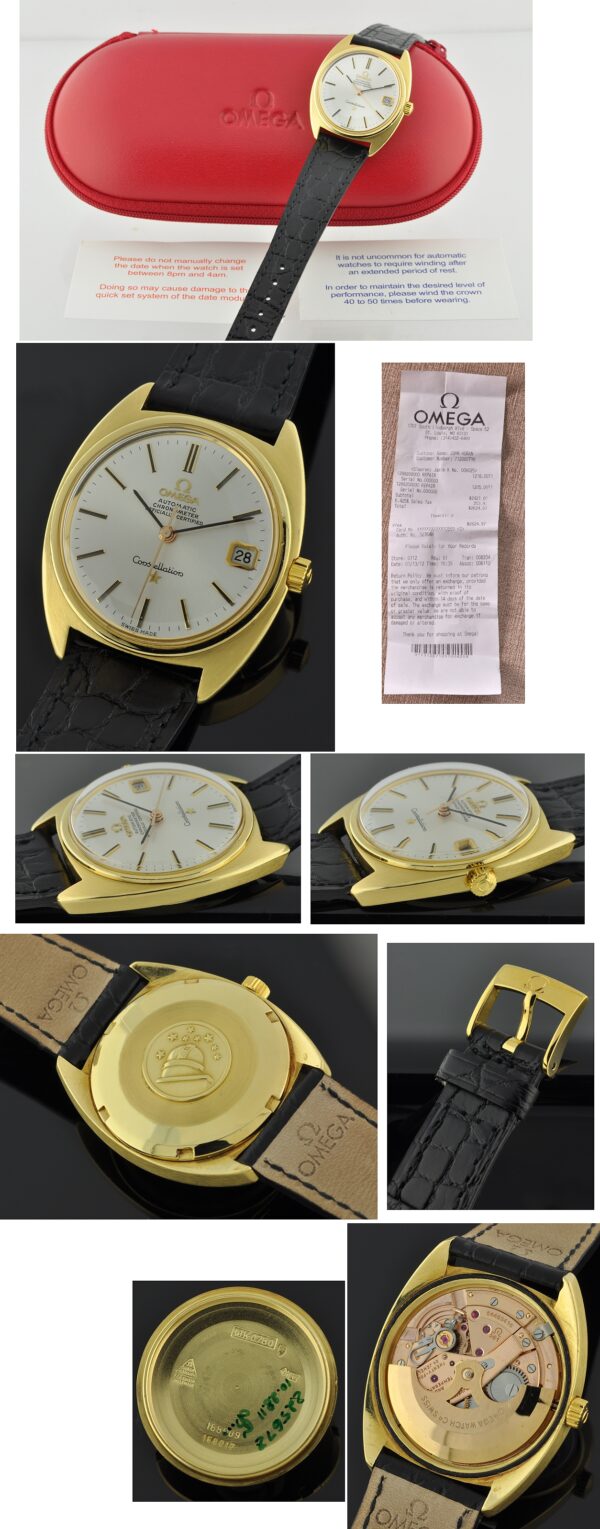 1966 Omega Constellation C 18k gold watch with original case, winding crown, new signed bands, plated buckle, and caliber 561 movement.