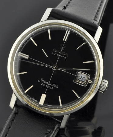 1966 Omega Seamaster De Ville stainless steel watch with original restored quadrant dial, bubble-date crystal, and caliber 560 movement.