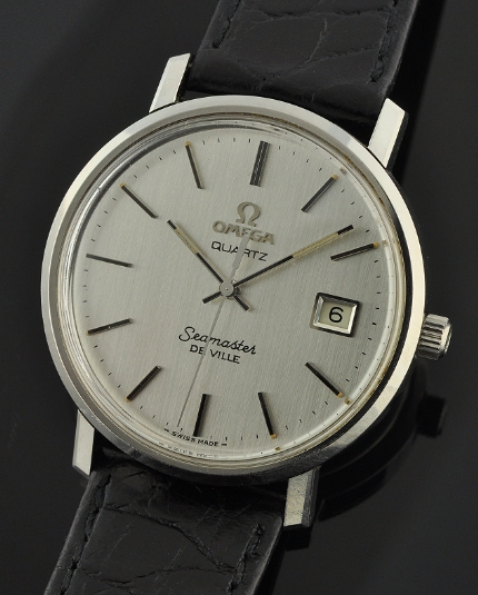 Here is a 1970s Omega Seamaster De Ville Quartz (battery operated) watch with a beautiful silver dial.