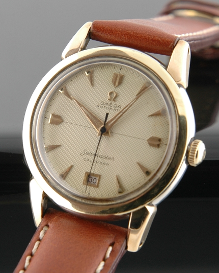 1951 Omega Seamaster Calendar gold-capped watch with original markers, Dauphine hands, date aperture, and cleaned bumper automatic movement.