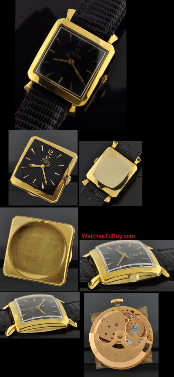 1956 Omega gold-filled watch with original square-shaped case, black waffle dial, winding crown, markers, and automatic winding movement.