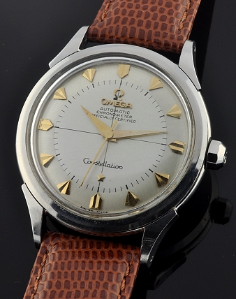 1954 Omega Constellation stainless steel watch with original dial, kite markers, Dauphine hands, and caliber 354 chronometer-grade movement.
