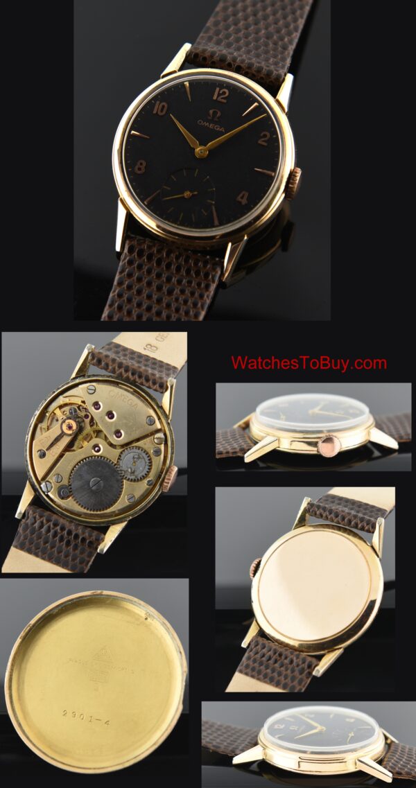 1960 Omega gold-plated watch with original Arabic and arrow markers, Dauphine hands, restored black dial, and caliber 287 manual movement.