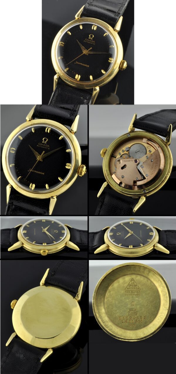 This is a 1950 Omega Seamaster 14k solid-gold watch housed in a very interesting and large 35x45.3mm case.