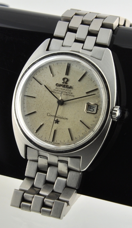 1966 Omega Constellation C stainless steel watch with original silver dial, baton markers, screw-back logo, and clean caliber 561 movement.