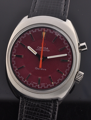 1968 Omega Chronostop stainless steel chronograph watch with original case, crystal, winding crown, magenta dial, and caliber 855 movement.