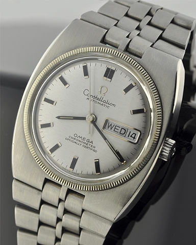 1970 Omega Constellation stainless steel watch with original C bracelet, white-gold bezel, pencil hands, and caliber 751 automatic movement.