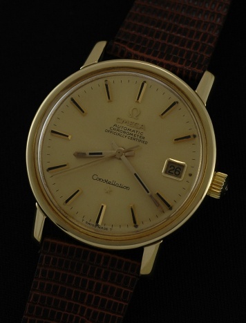 1968 Omega Constellation 18k solid-gold watch with original scratchless case, dial, date aperture, hands, and automatic winding movement.