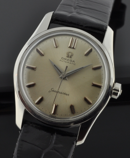 1956 Omega Seamaster stainless steel watch with original signed crown, dial, markers, Dauphine hands, and cleaned caliber 500 movement.