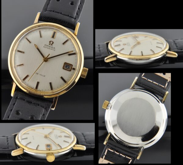 1970s Omega De Ville gold-plated watch with original case, silver dial, pencil hands, winding crown, and cleaned automatic winding movement.