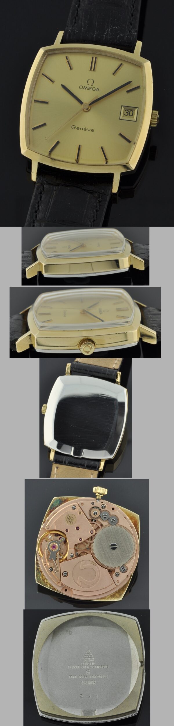 1974 Omega gold-plated watch with original television-shaped snap-back case, winding crown, dial, and cleaned automatic winding movement.