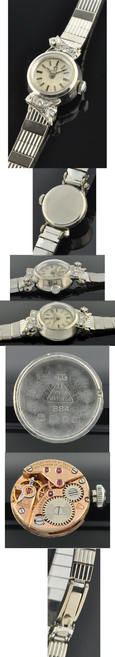 1973 Omega 18k white-gold ladies cocktail watch with original bracelet, logo buckle, hallmarked case, winding crown, and manual movement.