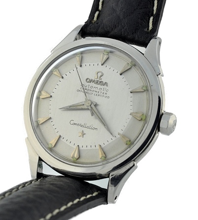 1956 Omega Constellation stainless steel watch with original pie-pan dial, kite markers, angled winding crown, and caliber 505 movement.