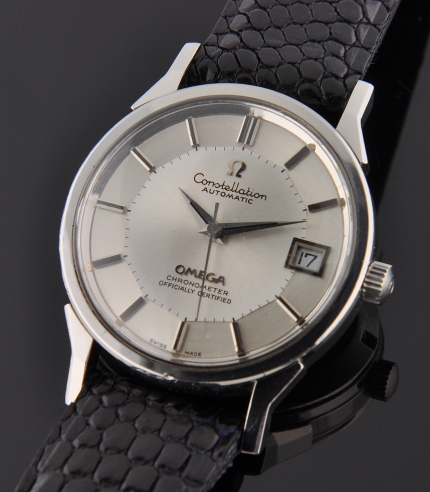 1974 Omega Constellation stainless steel watch with original pie-pan dial, buckle, Dauphine hands, and cleaned chronometer-grade movement.