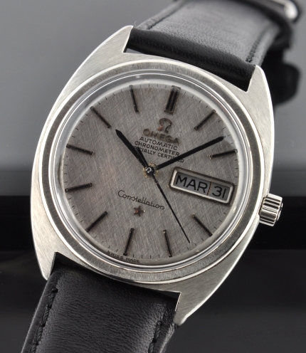 1969 Omega Constellation C stainless steel watch with original markers, hands, pewter dial, case-back logo, and cleaned automatic movement.
