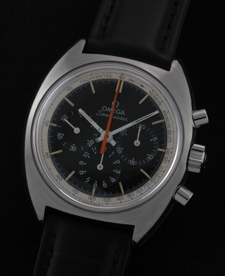 1966 Omega Seamaster stainless steel chronograph watch with original black dial, large sub-registers, and cleaned caliber 321 movement.