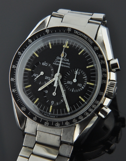 1969 Omega Speedmaster Professional stainless steel chronograph watch with original winding crown, case, dial, and caliber 861 movement.