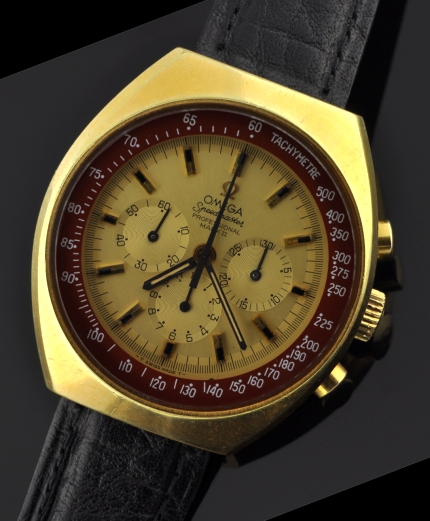 1970 Omega Speedmaster Professional Mark II gold-plated chronograph watch with original case, crystal, crown, and caliber 861 movement.