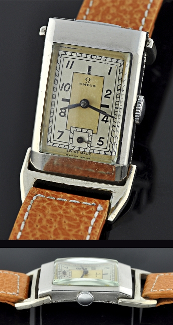 1939 Omega stainless steel watch with original flexible swing lugs, case, glass crystal, restored two-tone dial, and clean manual movement.