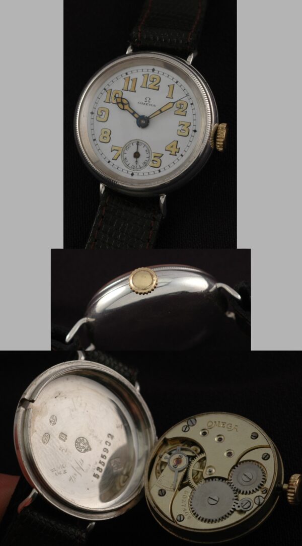 1917 Omega sterling silver WW1-era military trench watch with original hinged case, coin-edge bezel, porcelain dial, and manual movement.