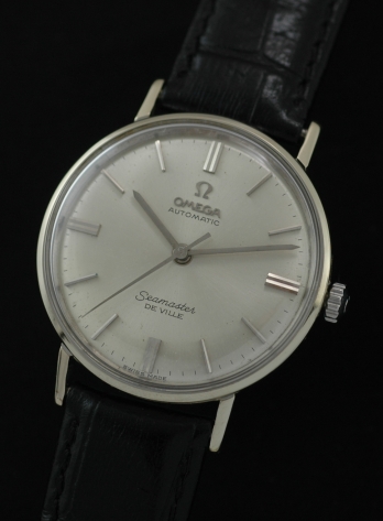 Here is an all-original and extremely rare 14k solid-white-gold vintage, 1963 Omega Seamaster De Ville automatic watch.