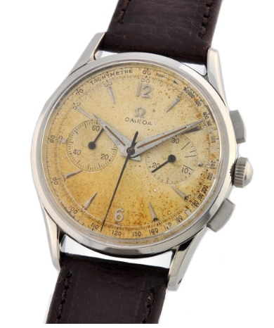 1956 Omega stainless steel chronograph watch with original aged dial, Dauphine hands, case, square pushers, and clean caliber 320 movement.