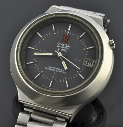 Omega Seamaster stainless steel chronometer-grade watch with original large case, dial, hands, logo, and accurate f300 electronic movement.