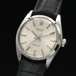 This Rolex Oyster Precision dates to 1974. The stainless steel case measures 34mm across and is sleek at only 10.25mm thin including the crystal.