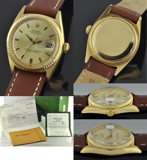 1964 Rolex Oyster Perpetual Datejust 18k gold watch with original bezel, dial, case, boxes, instruction booklet, and caliber 1570 movement.