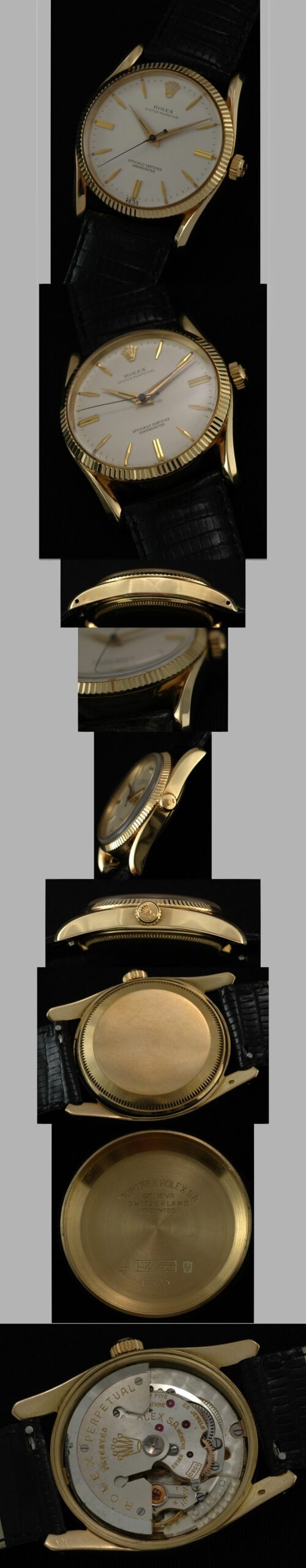 1958 Rolex Oyster Perpetual 14k gold watch with original fluted bezel, winding crown, bombe lugs, lance hands, and caliber 1030 movement.